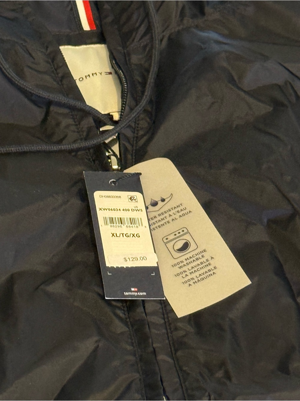 Tommy Hilfiger Men's Navy Hooded Windbreaker/ Raincoat with Signature Trim